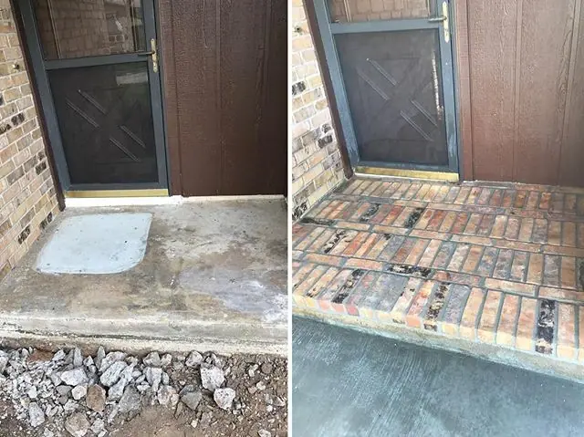 Before and after photos of a back entry landing finished in brick