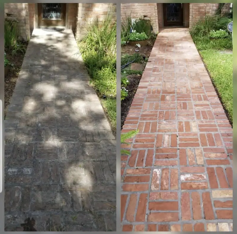 Before and after photos of a worn walkway replaced with a red brick walkway