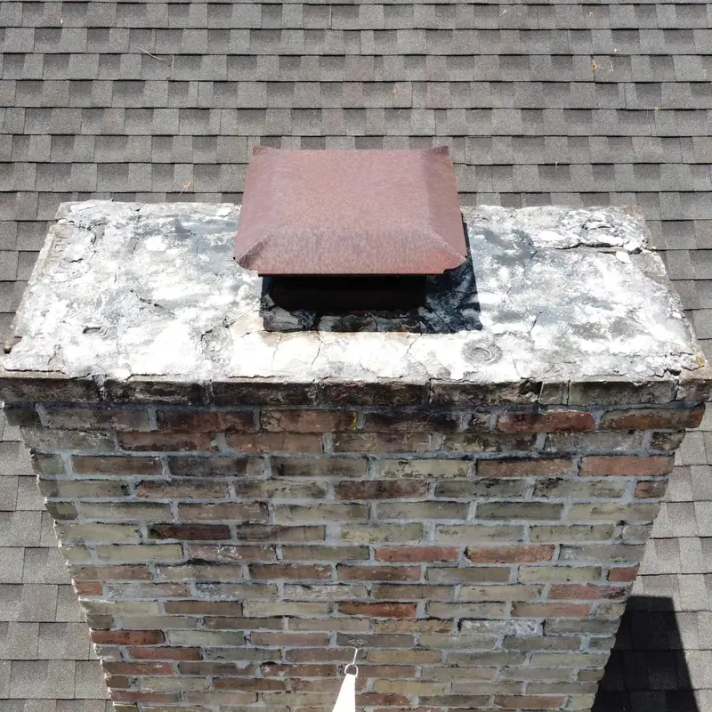 Cracked, patched chimney crown around a copper-colored cap