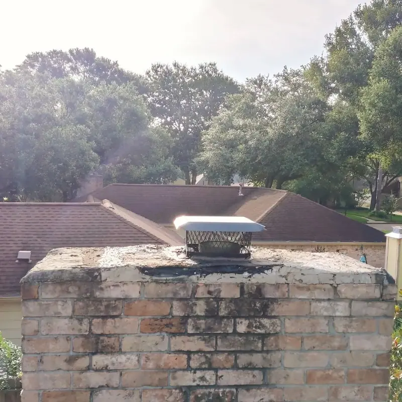 Weathered chimney crown and old cap on a light brick chimney before restoration
