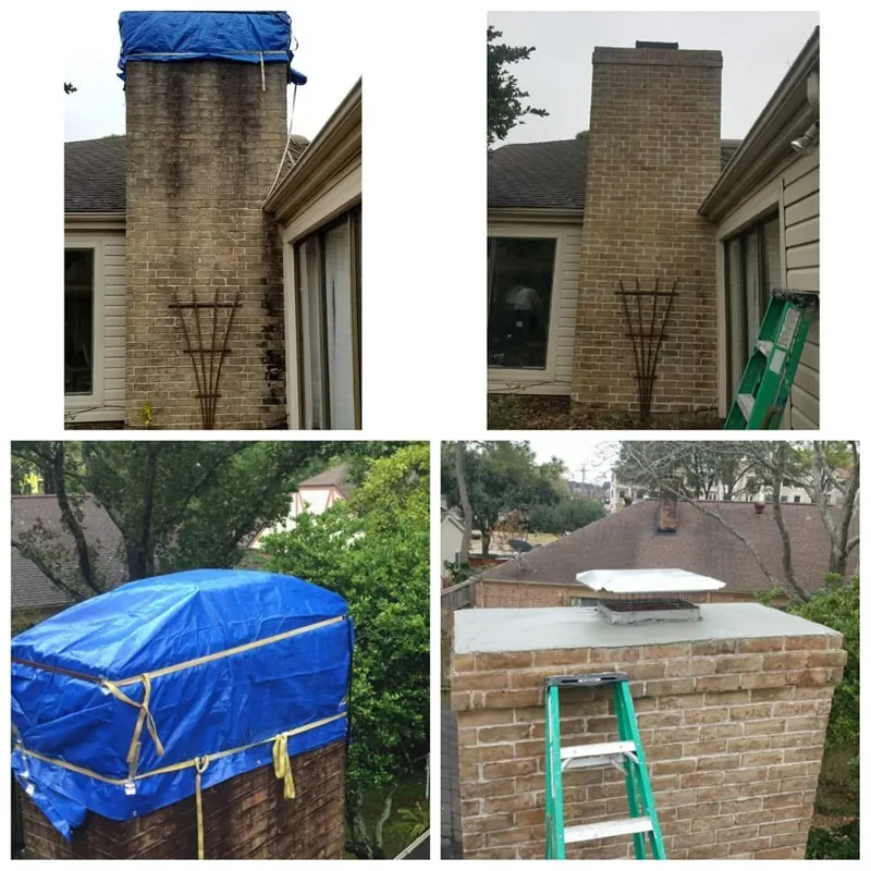 Leaking chimney under a tarp, then repaired and finished with a new cap