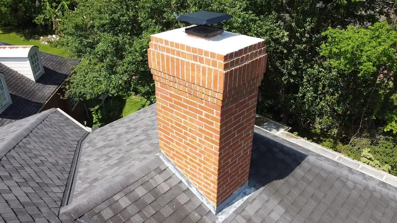 Drone view of a red brick chimney with a black cap above a two-story home