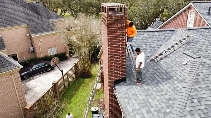 Crew member on a roof restoring a three-story brick chimney
