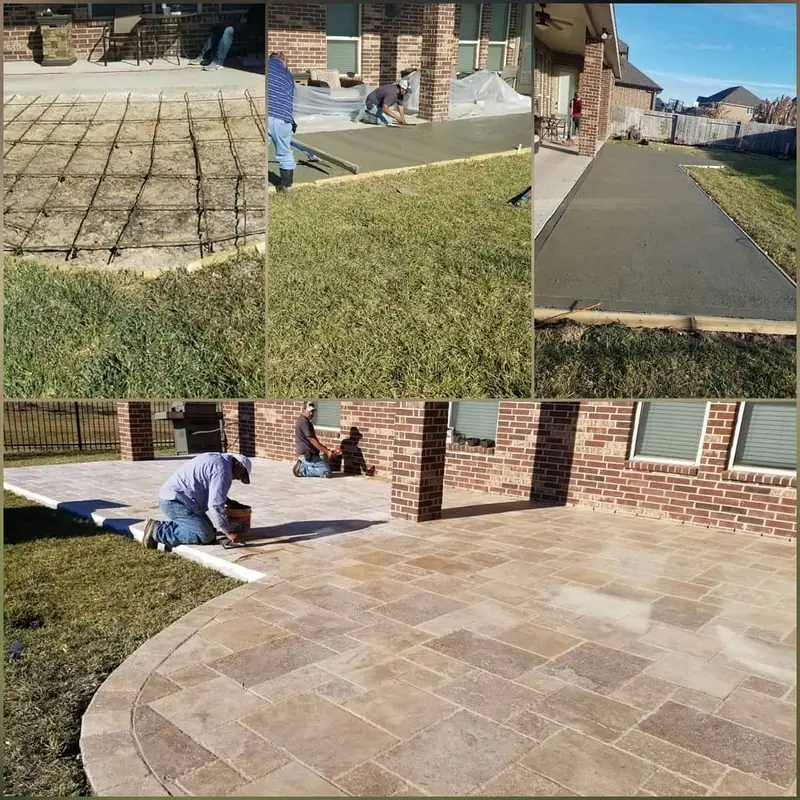 Collage of a backyard before and after a circular paver patio was installed