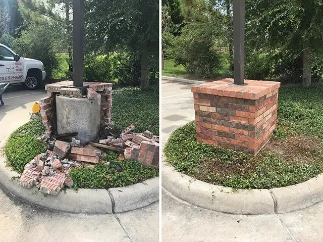 Before and after photos of a brick planter column knocked down into rubble and then rebuilt