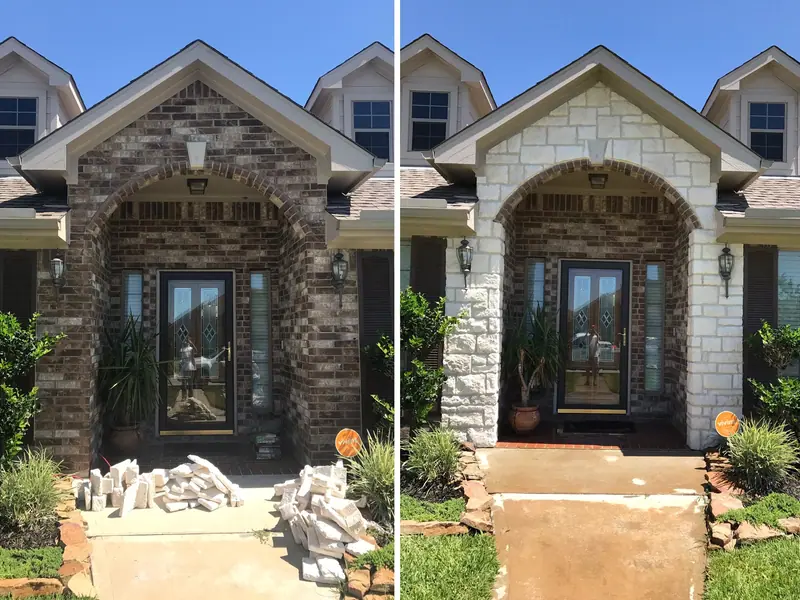 Before and after photos of a home’s front entry: dark stonework removed and replaced with light stone