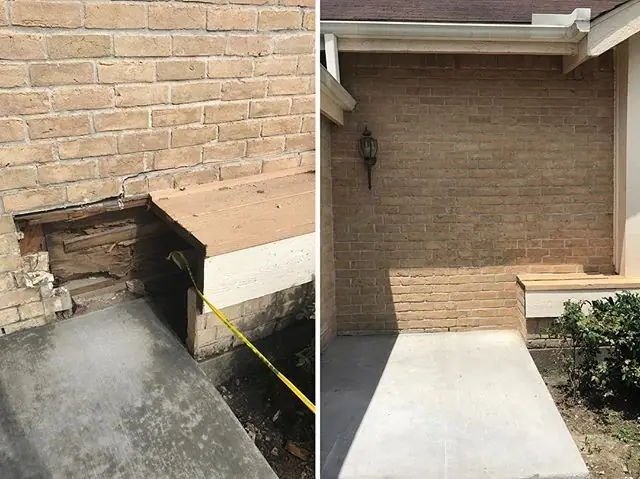 Before and after photos of missing brick at the base of an entry wall that was replaced