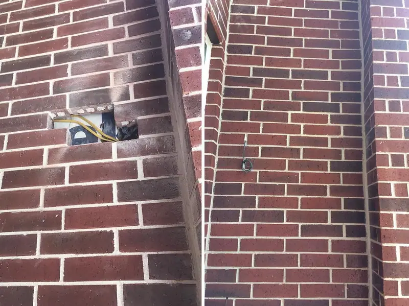 Side-by-side photos of a red brick wall before and after brick replacement