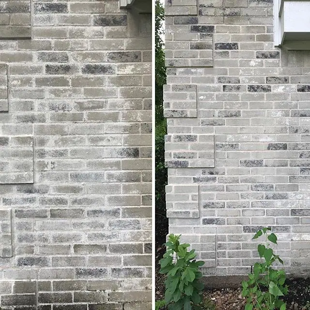 Before and after photos of a gray brick wall where earlier patchwork mortar was redone