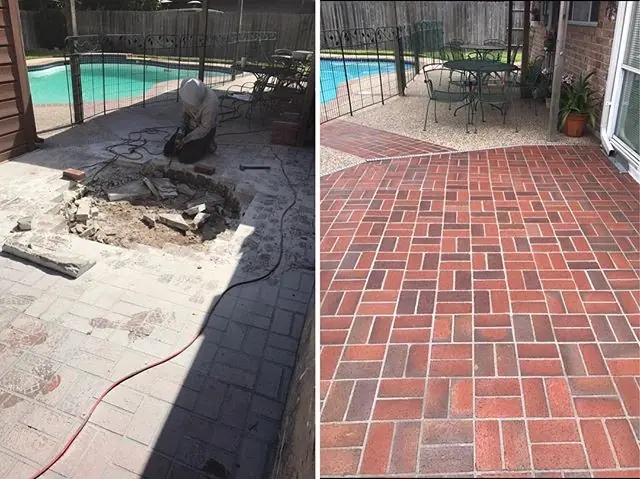 Before and after photos of brick pavers beside a pool, torn up by a tree trunk and then relaid