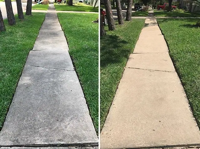 Before and after photos of a cracked sidewalk replaced with new concrete