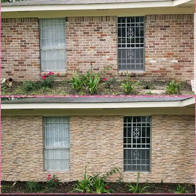 Before and after photos of a home’s lower wall with stone veneer added below the windows