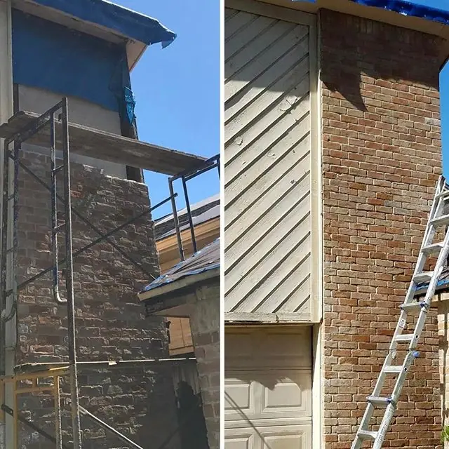 Before and after photos of a two-story brick wall where a missing section of brick was rebuilt from scaffolding